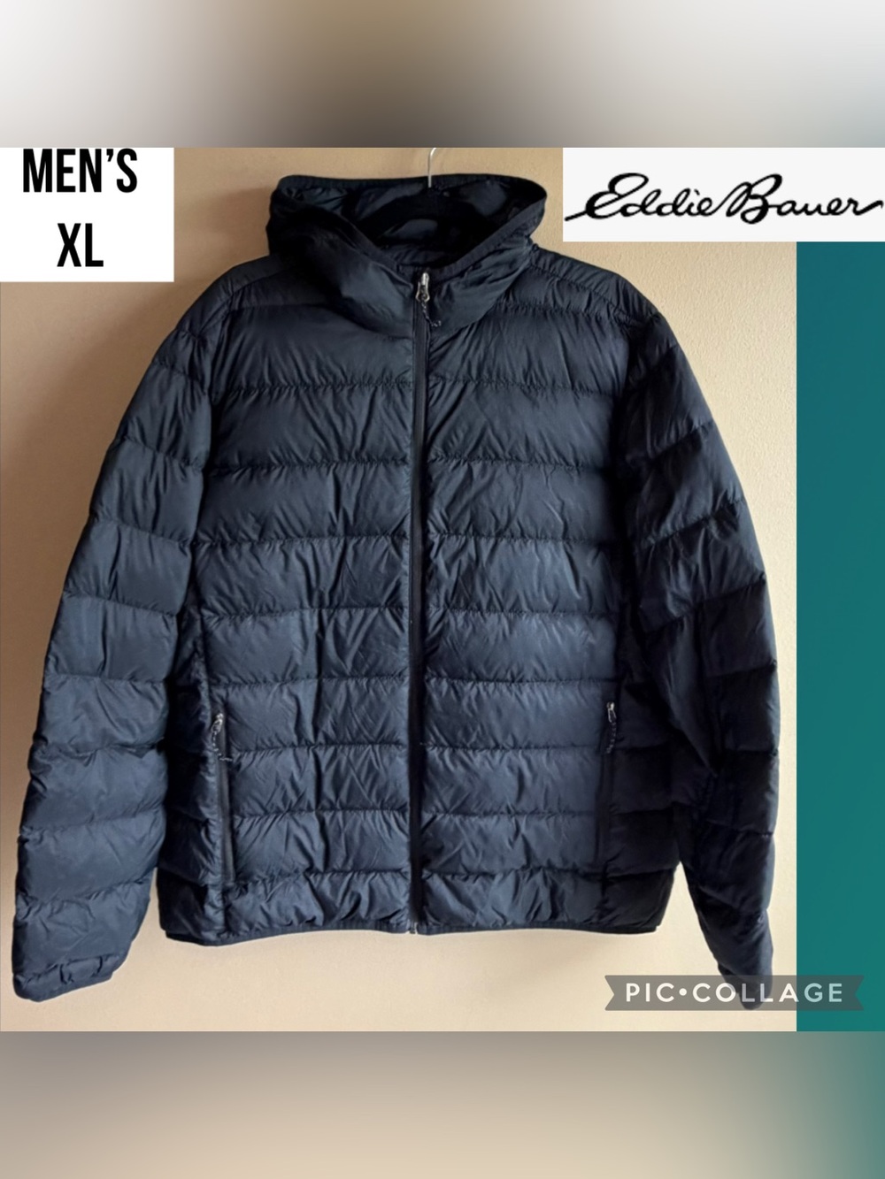 Eddie Bauer Mens Jacket 650 Down Puffer Black Hooded Full Zip Packable Size XL